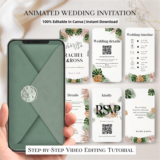 Green Gold Wedding Video Invitation, Animated Botanical Wedding Invite Editable Canva Template (instant Download) - Etsy