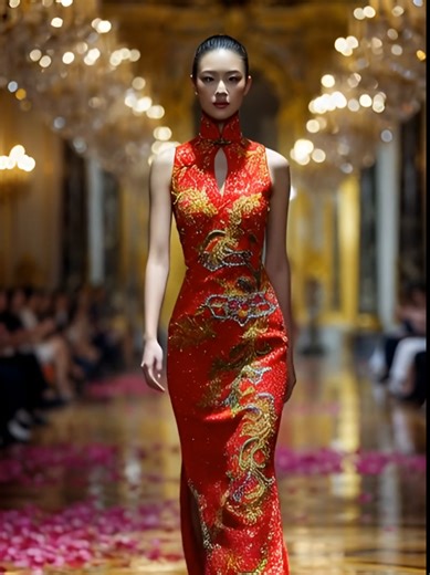 High fashion runway, palatial Versailles Hall of Mirrors, elegant Asian model walking crystal-studded catwalk. classical Chinese fashion. #fashionrunway #qipao #fashionnista #fashion #chinesefashion