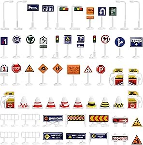 56Pcs Street Road Signs Playset Traffic Signs Playset Mini Electric Traffic Lights Toy Road Signs for Play(Mini Size)