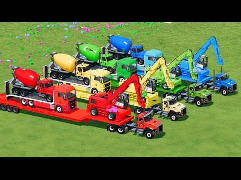 TRANSPORTING EXCAVATOR, FREIGHTLINER MIXER TRUCK, BACKHOE LOADER TO GARAGE WITH MAN FS22