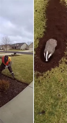 Badger Digs as Landscaper Watches