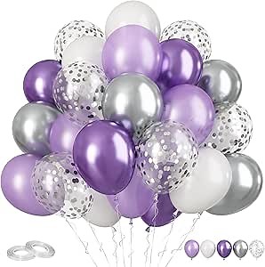 Purple and Silver Balloons 60PCS Pastel Purple Balloons, 12 Inch Metallic Silver Confetti and White Latex Balloon for Girls Women Birthday Wedding Baby Shower Bridal Shower Graduation Party Decor