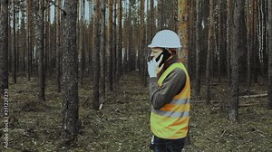 Engineer inspector talking on phone about situation in forest before logging. Boss chief in helmet and vest gestures waving his hands and reprimands or scolds his subordinates. Protection of nature