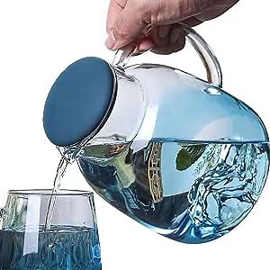 Glass Pitcher with Lid,60oz- Iced Tea Pitcher, Juice, Milk, Coffee, Lemonade - Borosilicate Boiling Glassware - Hot & Cold Beverages