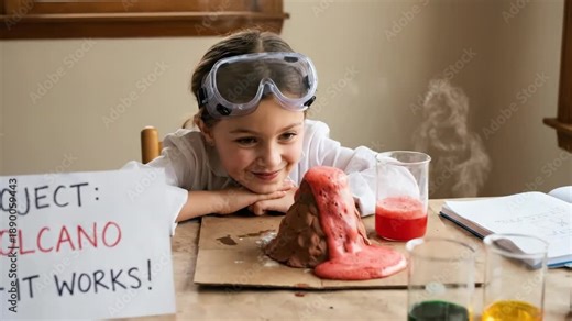 Young girl in a lab coat excitedly demonstrates a homemade volcano project with colorful liquids and a sign stating ""Project: Volcano - It Works!"" in a bright indoor setting