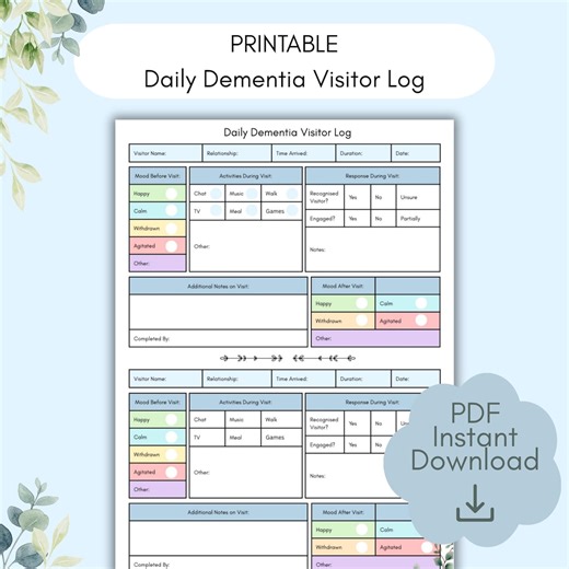 Dementia Visitor Log Printable | Alzheimer's Guest Record Sheet for Carers | Care Home PDF - Etsy