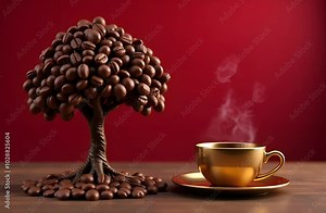a palm tree made of coffee beans stands on the table, next to a tea with coffee that rises into the air, Red background