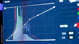 Color correction post production video or photo in progress, close up. Video editing and professional color grading program. Curve of the color line, balance and contrast. Editor for color correction.