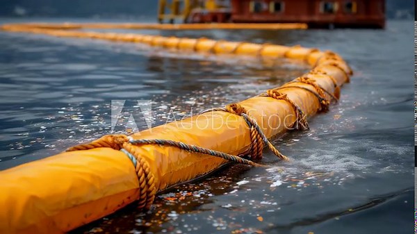 Containment boom floating on polluted water near a barge, limiting the spread of oil and pollutants while aiding environmental cleanup and protecting marine ecosystems