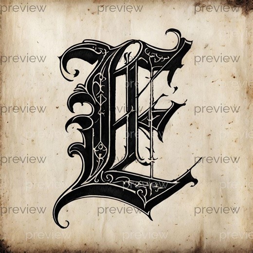 Ornate Gothic Letter E Design in Black on Vintage Parchment Background - Printable Digital Art for Instant Download - Etsy