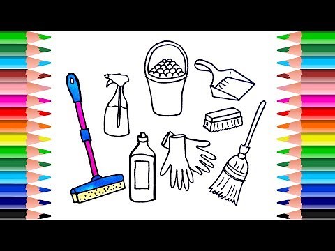 How to Draw Set Cleaning Tools for kids. Coloring Book Art