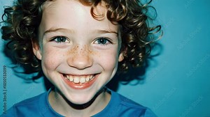 Closeup of a cheerful child with anisocoria condition, pupils difference, happy boy with curly hair and freckles, smiling warmly against a vibrant blue studio background