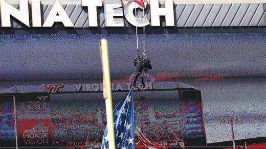 Skydiver gets rescued after crashing into scoreboard before Virginia Tech spring game