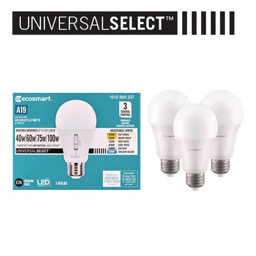 Check The Home Depot's Q&A Before Buying: EcoSmart Universal Select 40/60/75/100-Watt Equivalent A19 Dimmable LED Light Bulb with Selectable Color Temperature (3-Pack)
