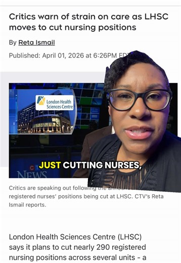 LHSC is cutting 288 nurses — and this should concern ALL of Canada. One of Canada's largest hospitals is eliminating hundreds of registered nurse positions to cut costs — stripping over 560,000 hours of specialized patient care from pediatric, inpatient & ambulatory units. They're replacing RNs with lower-paid staff while sitting on a $130M deficit and a brand new provincial funding increase. Oh — and their former CEO was fired over an ALLEGED embezzlement scandal in 2025. The Ontario Nurses' As