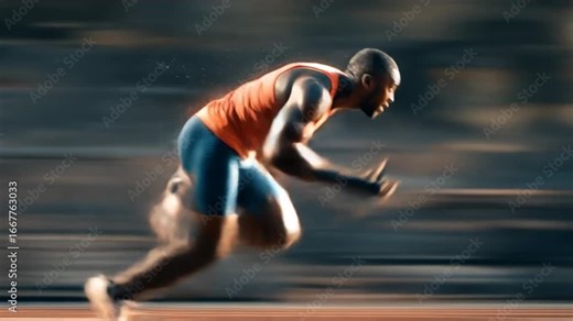 Powerful male athlete sprinting on a running fast on track, displaying speed, strength, and determination