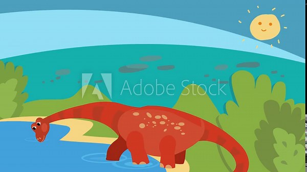 Cute cartoon flat dinosaur Diplodocus drinking water from lake. Pteranodon flying. Prehistoric times of dinosaurs. Full colour animation, video for design.