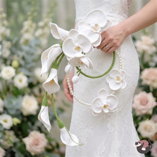 Handmade Crochet Bridal Bouquet With Cascading White Orchids and Calla Lilies - Etsy