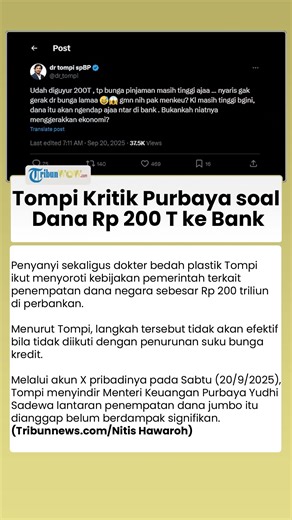 Tompi Kritik Purbaya soal Kucuran Dana Rp 200 T ke Bank: Bunga Masih Tinggi, Gimana Nih Pak Menkeu?