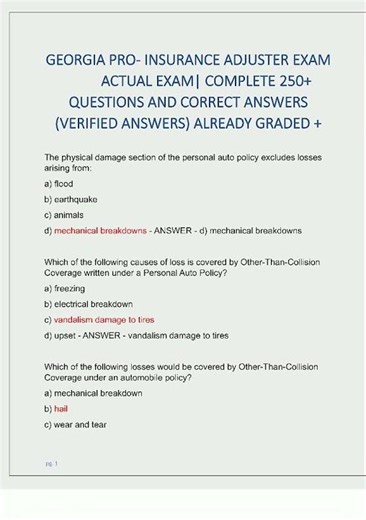 Latest GEORGIA PRO INSURANCE ADJUSTER EXAM ACTUAL EXAM COMPLETE 250 QUESTIONS AND CORRECT ANSWERS VE