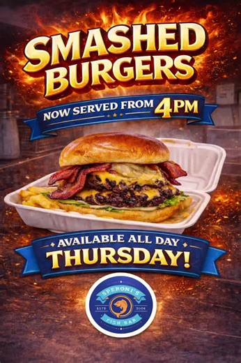 🔥 NEW ON THE MENU – SMASH BURGERS! We’re excited to launch our brand new Smash Burgers 🗓 Starting this Monday from 4pm 🍔 What’s inside? ✔️ Fresh smashed beef burger patty ✔️ Served in a toasted brioche bun ✔️ Melted cheese ✔️ Your choice of salad: lettuce, white onions & gherkins ✔️ Choose your favourite sauce 🥓 Feeling extra hungry? Add 2 streaky bacon rashers for the ultimate smash 🍔🔥 Perfectly smashed, juicy, and packed with flavour – you won’t want to miss these! 📍 Speroni’s Fish Bar 