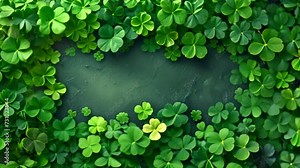 Four leaf clovers background, Realistic natural leaves natural background, little green trefoil, symbol of st. patrick's day. 4k video. Copy space