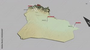 Seamless looping animation of the 3d terrain map of Iraq with the capital and the biggest cites in 4K resolution