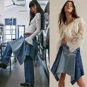 Free People Bohemian Retro 70s Festival Wild River Handkerchief Denim Skirt 29