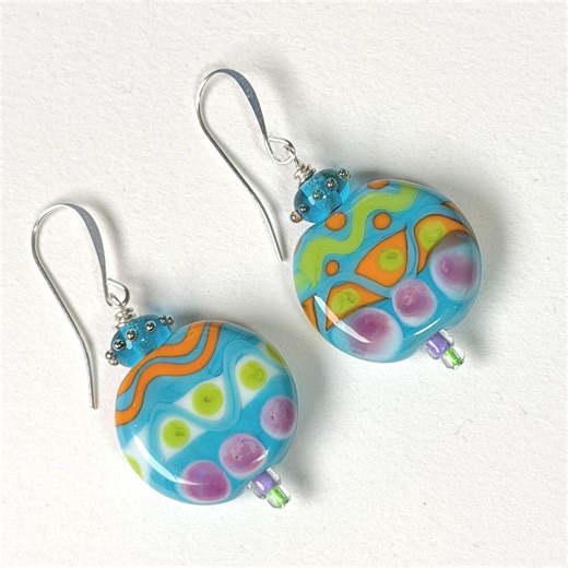 Handcrafted Lampwork Glass Bead Earrings, Aqua, Orange, Green, and Lavender, Silver French Hooks. 158 - Etsy