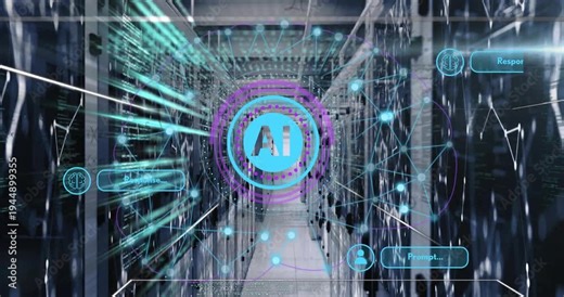 AI badge receiving Prompt input, expanding rings and nodes, overlaying racks and mapping tech flow