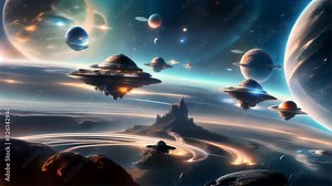 An expansive, highly detailed sci-fi scene depicting multiple alien planets and flying saucers in a surreal, otherworldly landscape.. AI Generation