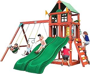 Gorilla Playsets 01-1057 Playmaker Deluxe Wooden Swing Set with Vinyl Canopy Roof, Dual Wave Slides, and Rock Climbing Wall, Redwood Stained Cedar