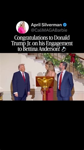 April Silverman - Political & Pop Culture Commentator 🇺🇸 🎙️ on Instagram: "President Trump just announced at the White House that his son @donaldjtrumpjr and his girlfriend Bettina Anderson are getting married! They just got engaged. Congratulations to them both. 💍💍❤️❤️❤️🥂🥂🥂 Share this so people see what’s really happening and follow @cali.maga.barbie for more truth you won’t see on CNN. 🔥🇺🇸 __________ Tags 🔖: ANTIFA. Border Patrol. California. Candace Owens. Charlie Kirk. Conservati