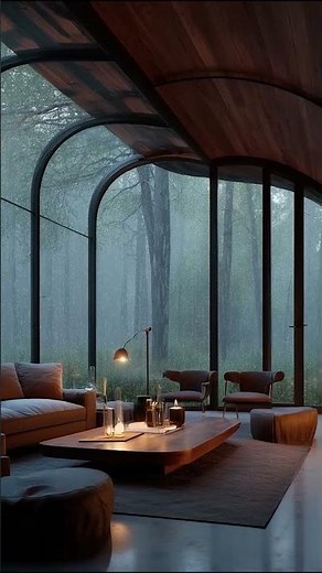 Luxury Modern Cabin Rain & Fireplace Ambience | Cozy Curved Glass Room for Deep Sleep & Relaxation