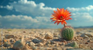 Solitary cactus flower in a desert setting, sharp focus with expansive sky