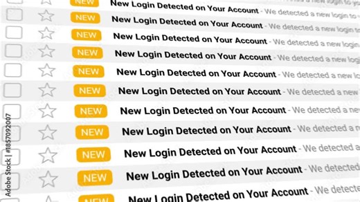New Login Detected on Your Account emails appear in large numbers across an animated screen. Ideal for cybersecurity, data breach, fraud, account security, unauthorized access, and privacy awareness.