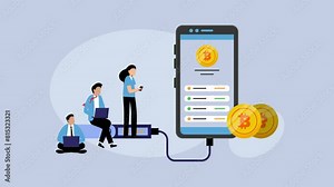 Young people with Digital Wallet technology for cryptocurrency cartoon animation