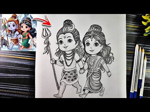 How to draw Cute Shiva Parvati ji Walking, Lord Shiva Parvati ji drawing pencil, Easy step by step