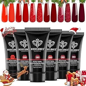 modelones Poly Nail Gel Set, 6 Colors Popular Red Collection Bright Wine Burgandy Glitter Poly Extension Gel Dark Bloody Red Builder Starter Home DIY Manicure Nail Art Gift