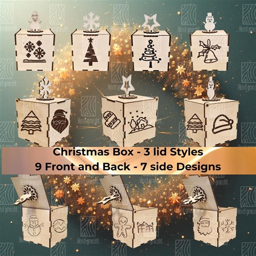 Christmas Box Laser Template File | Custom 3 Lid Styles & 9 Fronts and 7 Side Designs | Gift Box SVG for Glowforge and Laser Cutting - Etsy
