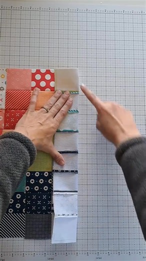 How to easily get perfect points on your patchwork panel! Have you tried this method? Video by: centerstreetquilts (@centerland9) ​Step 1: Preparation ​Start with lightweight fusible interfacing (Pellon SF101 is shown here) and some precut squares (2.5" squares from the Simply Delightful collection). ​Place the squares, then gently press them to adhere to the interfacing. No need to make sure the squares are placed absolutely perfect! ​Step 2: Sewing and Pressing Columns ​Fold over the first col