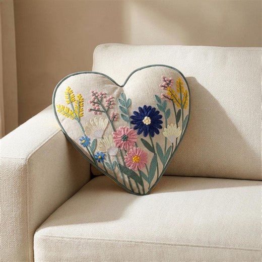 Embroidered Floral Heart Pillow, Artisan Botanical Cottagecore Cushion, Romantic Flower Accent Home Decor - Etsy