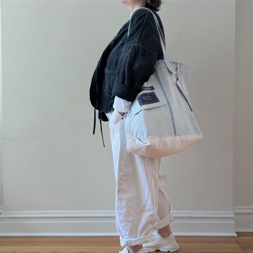 Upcycled Denim Patchwork Tote Bag, Distressed Shopper, Shoulder bag, Weekender (21" x 24"), Beautiful ugly style