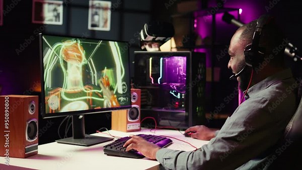 Player using keyboard, mouse and headset to play first person shooter videogame on PC, enjoying leisure time. Man in living room using high tech computer peripherals to destroy enemies, camera B