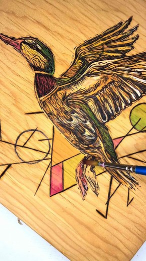 Woodburned Duck Art with Watercolor and Geometric Patterns on Cutting Board