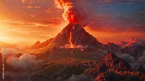 Spectacular landscape animation with an erupting volcano, featuring smoke and a river of lava flowing down the mountain slope against a cinematic sunset sky - background for a wallpaper