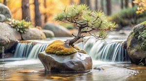 Natural Waterfall in a Stream with Mountain Pines in the Background. Serene, Scenic Landscape