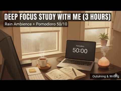 Deep Focus Study With Me (3 Hours) | Rain Ambience + Pomodoro 50/10 | Outlining & Writing
