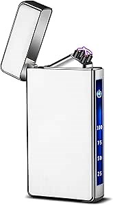 Dual Arc Plasma Lighter USB-C Rechargeable - Windproof Electric Lighter with Safety Lock, Battery Indicator, Zinc Alloy Body | Camping/Candel/Gift (ICY Silver)