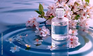 A bottle of perfume is floating on the surface of a body of water. The bottle is surrounded by pink flowers, which add a touch of elegance and beauty to the scene